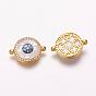 Brass Micro Pave Cubic Zirconia Links, with Freshwater Shell, Flat Round