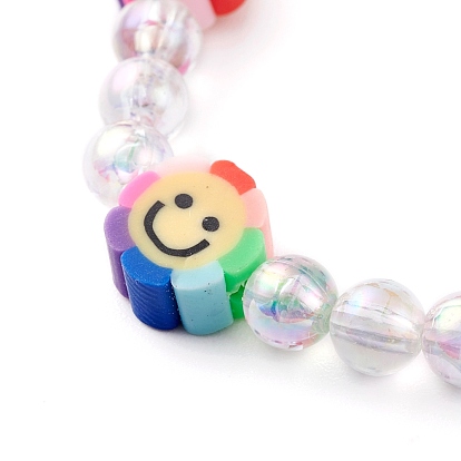 Handmade Polymer Clay Beads Stretch Bracelets for Kids, with Eco-Friendly Transparent Acrylic Beads, Flower