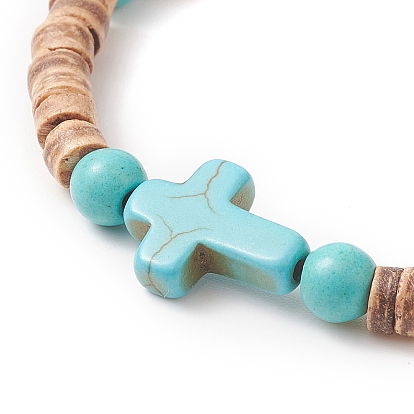 Bracelet extensible en perles turquoises synthétiques teintées de noix de coco et de croix pour hommes femmes