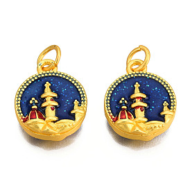 Alloy Enamel Pendants, Cadmium Free & Lead Free, with Glitter Powder and Jump Rings, Matte Gold Color, Flat Round with Tower