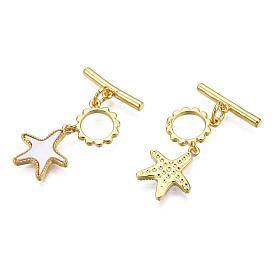 Brass Toggle Clasps, with Natural Shells, Real 18K Gold Plated, Nickel Free, Starfish