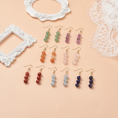 7 Pairs 7 Style Natural Mixed Gemstoone Round Beaded Dangle Earrings, Chakra Yoga Theme Brass Wire Wrap Jewelry for Women