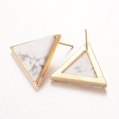 Triangle Brass Gemstone Stud Earrings, 23x26.5x3.5mm, Pin: 0.8mm