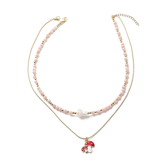 2Pcs 2 Style Alloy Enamel Mushroom Pendant Necklaces Set, Pink Opal & Synthetic Hematite & Lampwork Beaded Stackable Necklaces for Women