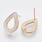 Brass Stud Earring Findings, with Shell and Loop, Nickel Free, Teardrop, Creamy White