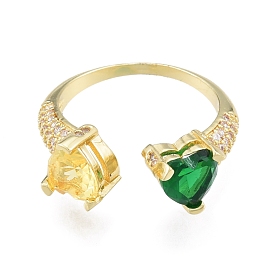 Colorful Cubic Zirconia Heart Open Cuff Ring, Brass Jewelry for Women