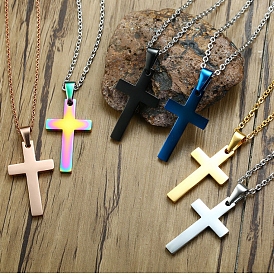 Collier à maille gourmette en acier inoxydable, Colliers avec pendentif croix religieuse pour hommes