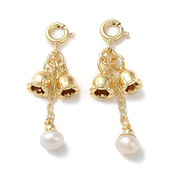 Decoraciones colgantes de perlas naturales, con cierres de anillo de resorte de latón chapado en rejilla, campana