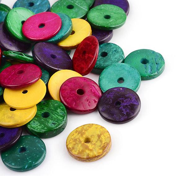 Dyed Natural Wood Beads, Flat Round