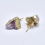 Natural Dyed Druzy Quartz Stud Earrings, with Brass Findings, Nuggets, Golden