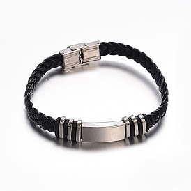 Des bijoux de couleurs noir bracelets cordon en cuir PU, avec 304 conclusions en acier inoxydable et bracelet boucle déployante, rectangle, 220x10mm