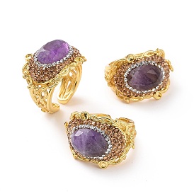Natural Amethyst Oval Open Cuff Ring with Rhinestone, Golden Brass Wide Ring for Women