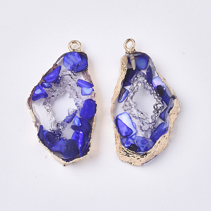 Resin Pendants, Imitation Geode, with Shell and Edge Light Gold Plated Iron Loops, Nuggets