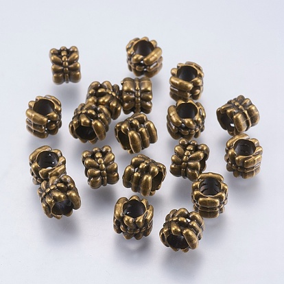 Abalorios europeos del estilo tibetano, abalorios de grande agujero, columna, flor, 7.5 mm de ancho, 6.5 mm de largo, agujero: 5 mm