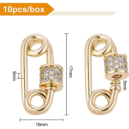 BENECREAT Brass Micro Pave Clear Cubic Zirconia Screw Carabiner Lock Charms, for Necklaces Making, Long-Lasting Plated, Safety Pin Shape