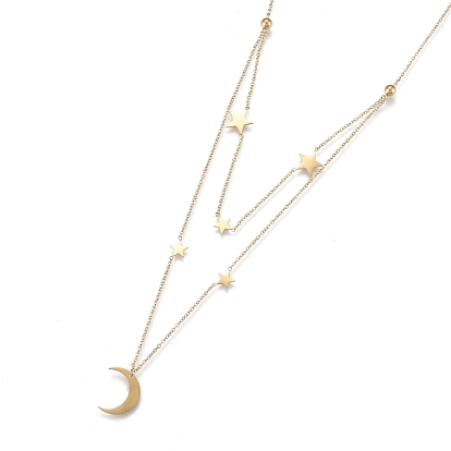304 Stainless Steel Double Layer Necklaces, with Cable Chains and Round Beads, Star with Moon