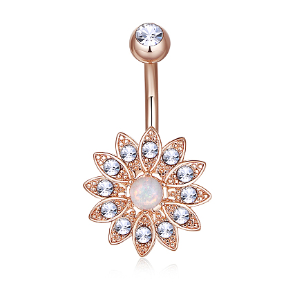 Bijoux piercing laiton, anneaux de ventre, avec strass de verre et opale, fleur
