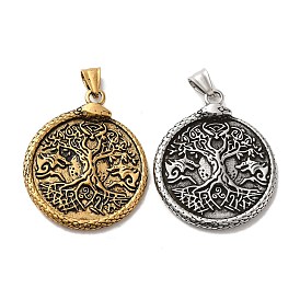 304 Stainless Steel Big Pendants, Flat Round with Tree of Life & Snake Charm