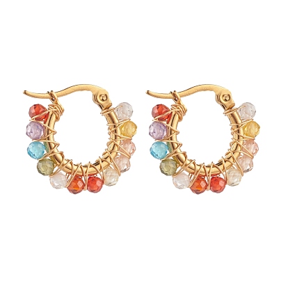Boucles d'oreilles créoles tressées perles rondes zircone cubique, wire wrap 304 bijoux en acier inoxydable pour femmes, or