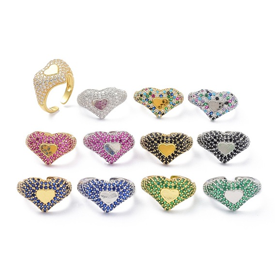 Coeur bling bijoux pour adolescente femmes cadeau, bagues larges en zircone cubique taille ronde, anneaux de manchette ouverts en laiton plaqué longue durée