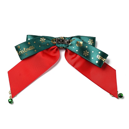Christmas Polyester Ribbon Bowknot Safety Pin Brooch, with Alloy Rhinestone Snowflake & Bell, Iron Pin