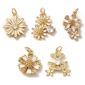 Brass Micro Pave Cubic Zirconia Pendants, with Enamel, Jump Rings, Flower