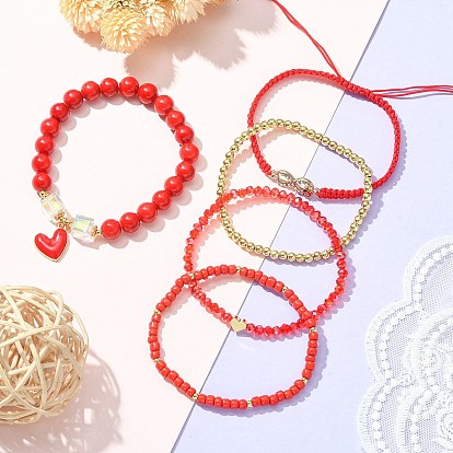 5pcs 5 ensemble de bracelets extensibles en perles de verre et de laiton, Bracelets réglables en strass en alliage coeur et infini pour la saint-valentin