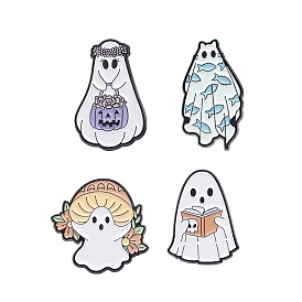 Halloween Theme Ghost with Fish/Book/Pumpkin Enamel Pin, Electrophoresis Black Zinc Alloy Brooch for Backpack Clothes