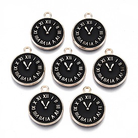 Light Gold Plated Alloy Double Side Enamel Pendants, Cadmium Free & Lead Free, Flat Round with Clock & Roman Numerals