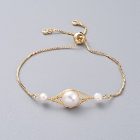 Bracelets réglables, bracelets bolo, avec des chaînes de boîte en laiton, perles de nacre naturelle, zircone cubique et boîte d'emballage en carton