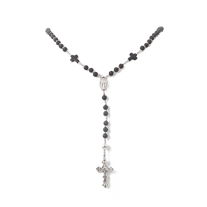 Collar de cuentas de rosario de piedra de lava natural y turquesa sintética, Collar con colgante de cruz y Virgen María de aleación para mujer.
