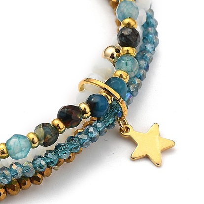 Bracelets élastiques, avec des perles naturelles de pierres précieuses, Des billes de verre, perles en laiton et breloques étoile 304 en acier inoxydable, or