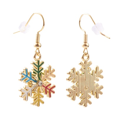 Alloy Enamel Snowflake Dangle Earrings for Christmas, with Rhinestone, Brass Earring Hooks & Ear Nuts, Colorful