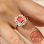 Anillo de dedo con forma de flor en plata de primera ley con baño de rodio, con circonita roja anaranjada, con 925 sello