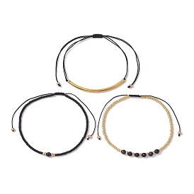 3Pcs 3 Style Seed & Synthetic Blue Goldstone Braided Bead Bracelets Set, Adjustable Nylon Cord Stackable Bracelets