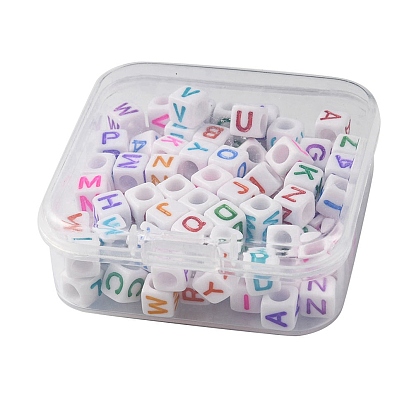 100Pcs Acrylic Beads, Horizontal Hole, Cube with Mixed Color Letter