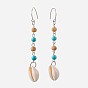 Round Gemstone Dangle Earrings, with Cowrie Shell, Wood Beads and 304 Stainless Steel Earring Hooks