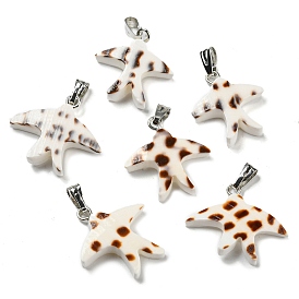 Natural Spiral Shell Pendants, Swallow Charms with Platinum Plated Alloy Snap on Bails