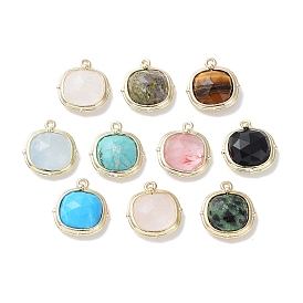 Gemstone Pendants, Faceted Square Charms, with Golden Plated Brass Edge Loops