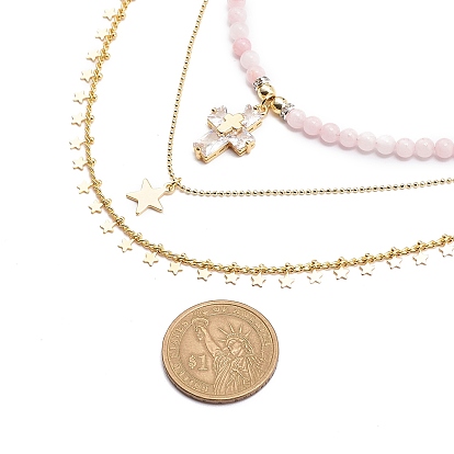 3 piezas 3 collares con colgante de estrella y cruz de cuarzo rosa natural engastados con cadenas de latón, joyas de piedras preciosas para mujeres