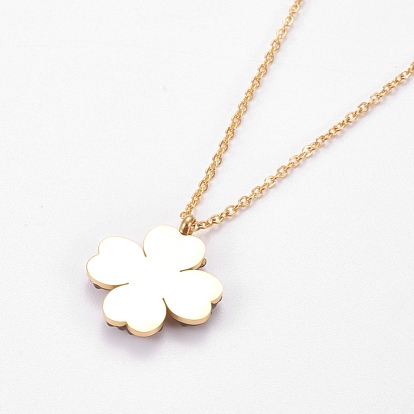 304 Stainless Steel Pendant Necklaces, with Polymer Clay Rhinestone, Four Leaf Clover, Jet