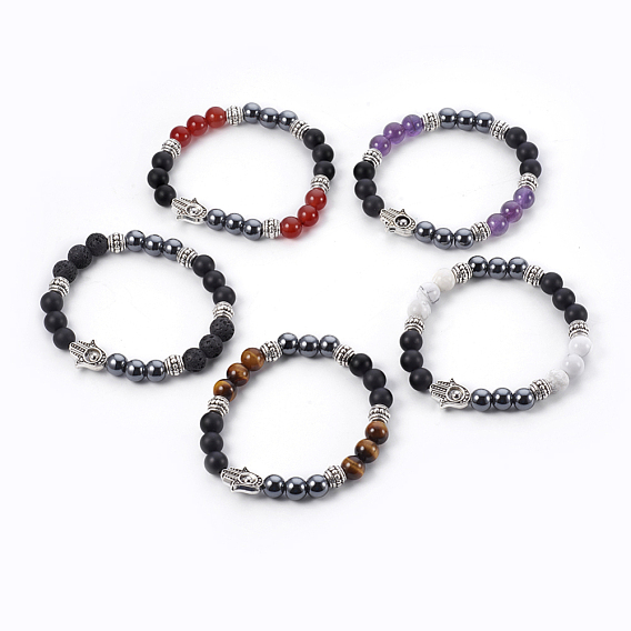 Bracelets extensibles en pierres précieuses naturelles mélangées et en agate noire (teintes), Avec hématite synthétique non magnétique, 304 perles d'acier inoxydable et perles d'alliage, palm