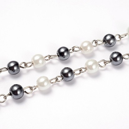 Glass Pearl Round Beads Chains for Necklaces Bracelets Making, with Platinum Iron Eye Pin, Unwelded, 39.3 inch