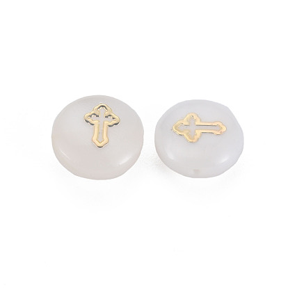 Perles de coquillages naturels d'eau douce, avec des ornements en métal en laiton doré, plat et circulaire avec croix