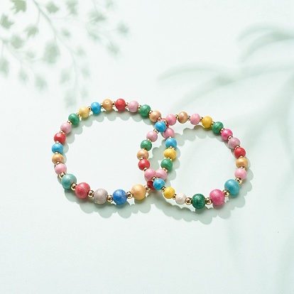 2Pcs 2 Size Natural Wood Round Beaded Stretch Bracelets Set for Kid and Parent