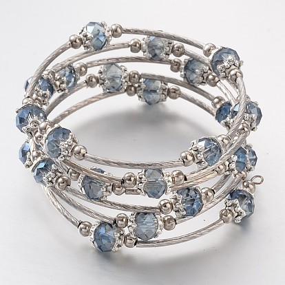 More Loops Glass Beads Wrap Bracelets, with Antique Silver Plated Brass Tube and Round Beads, 53mm