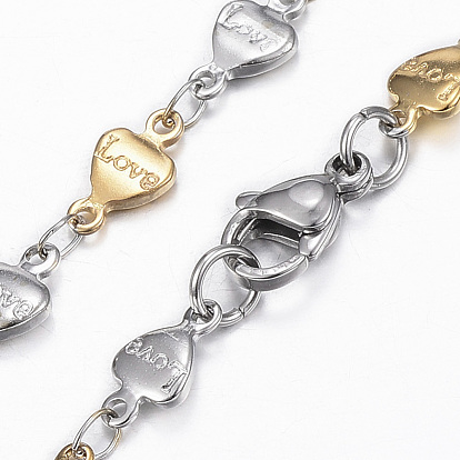 304 ensembles de bijoux de la chaîne de liaison de coeur en acier inoxydable, colliers et bracelets, avec fermoir pince de homard, mot d'amour, pour Saint Valentin