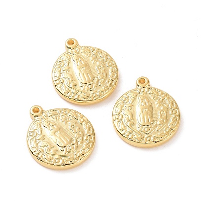 Ion Plating(IP) 304 Stainless Steel Pendants, Flat Round with Virgin Mary Charms, Religion