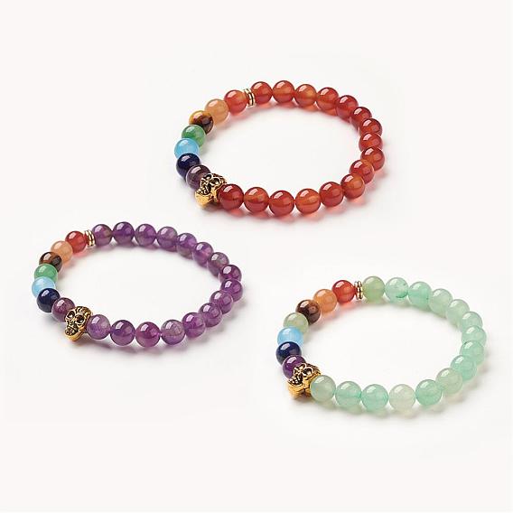 Yoga Chakra Jewelry, Natural Mixed Gemstone Beads Stretch Bracelets, Skull