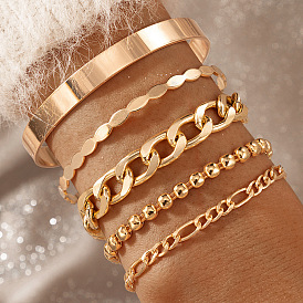 Edgy Punk Style Bracelet Set with Heavy Metal Geometric Chains - 5 Pieces